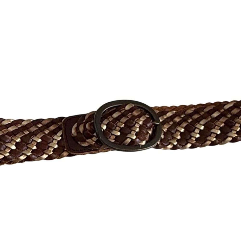 American Eagle Women Leather Belt S/M Brown Metallic Braided Boho Buckle Indie